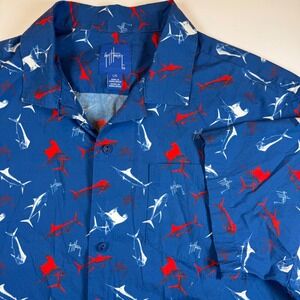 Guy Harvey Mens Large Blue Red Fish Marlin Tuna Cotton Short Sleeve Button Shirt